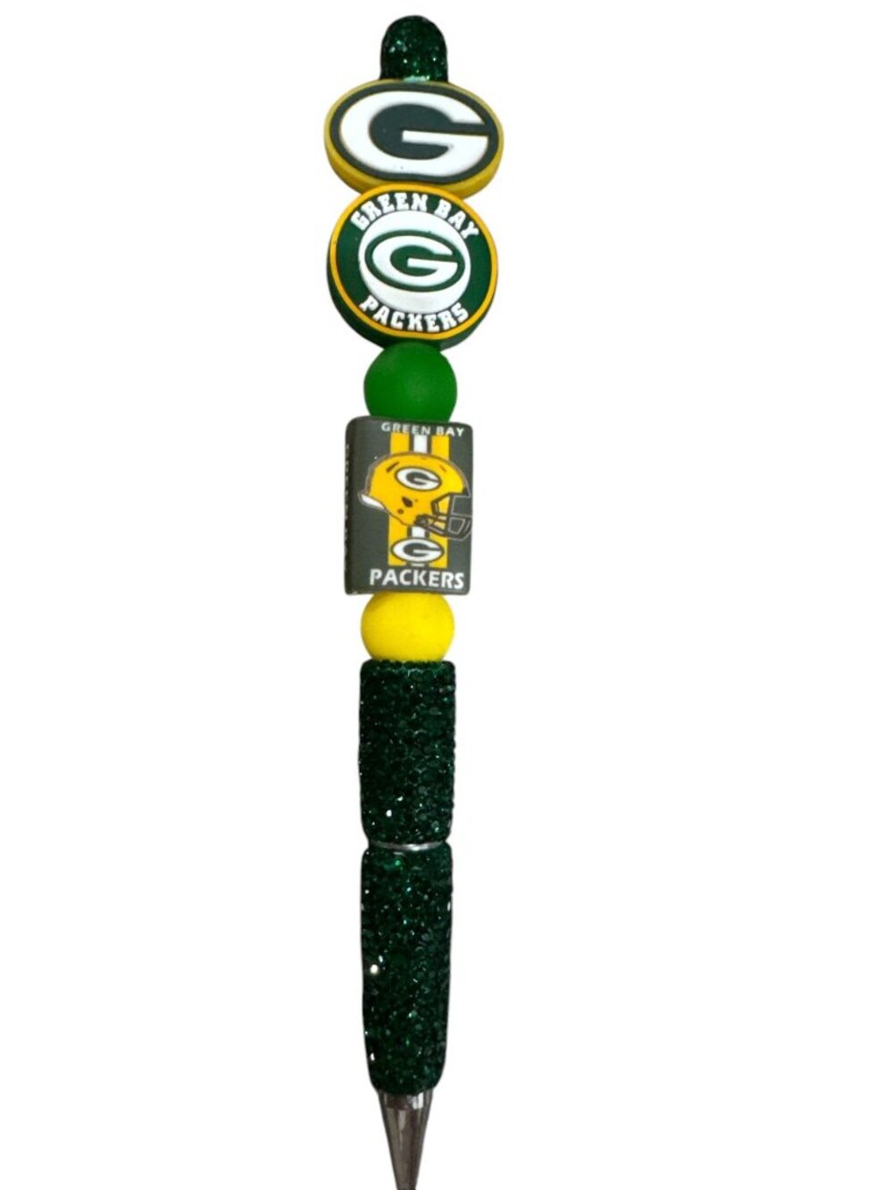 Green Bay Packers Beaded Pen With Glitter Handle & Official Logos For Writing &